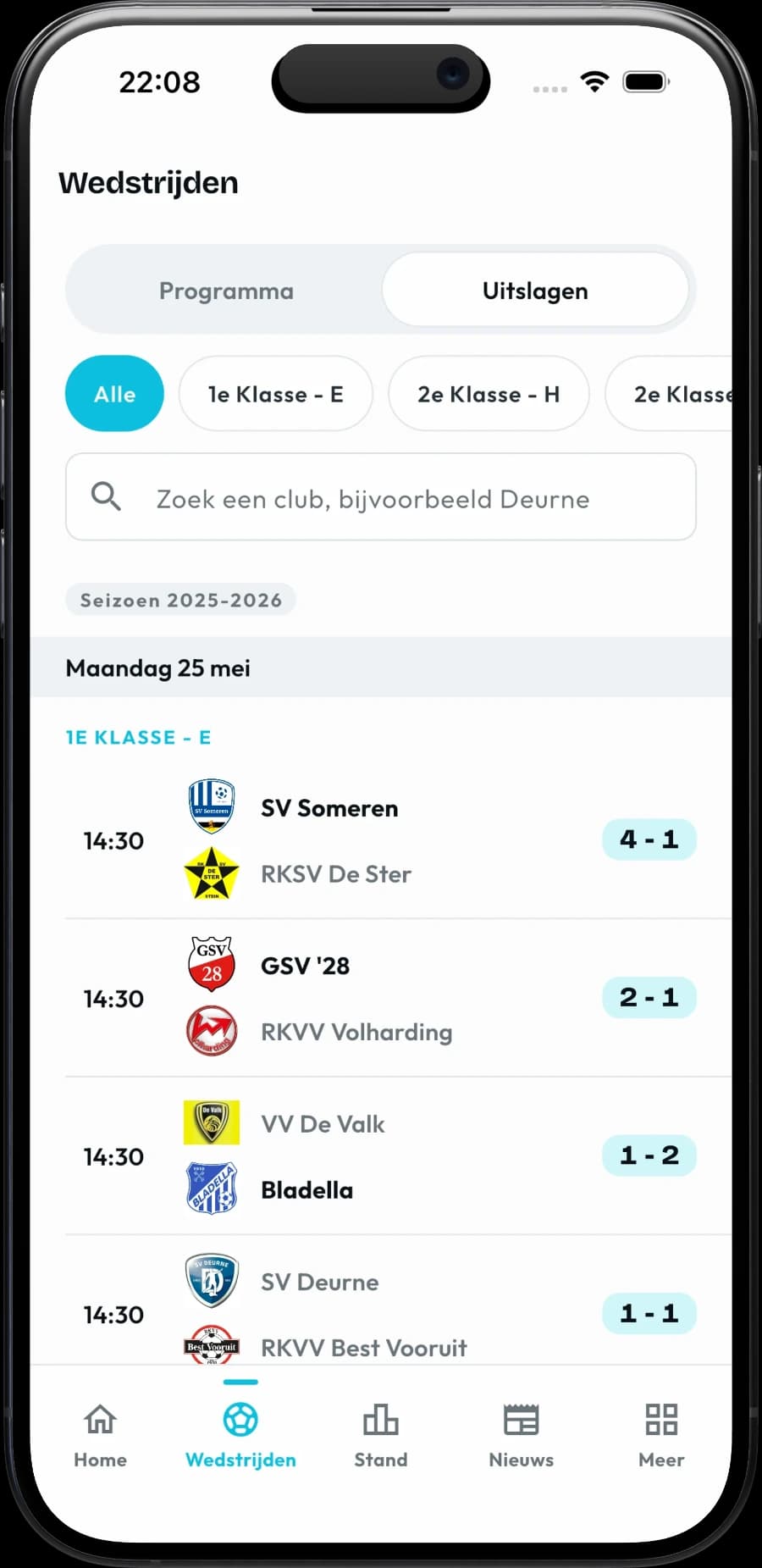Uitslagen per klasse met de resultaten van de wedstrijden