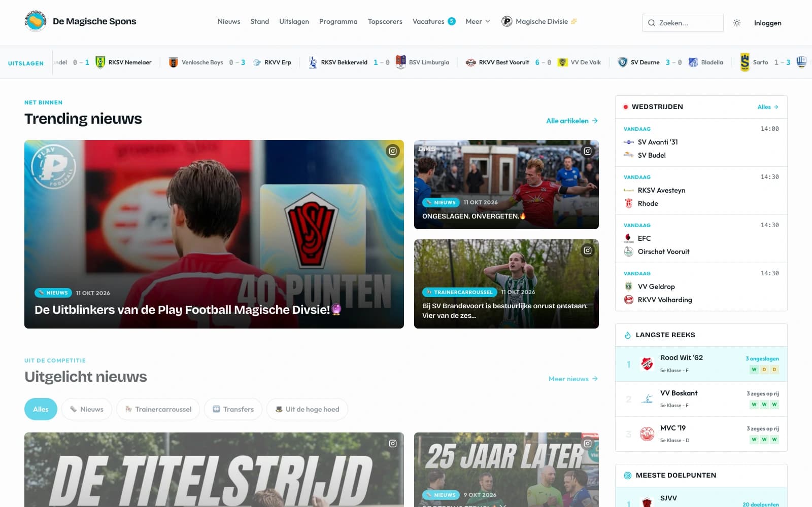 De startpagina van de website van De Magische Spons met de uitslagen en het laatste nieuws