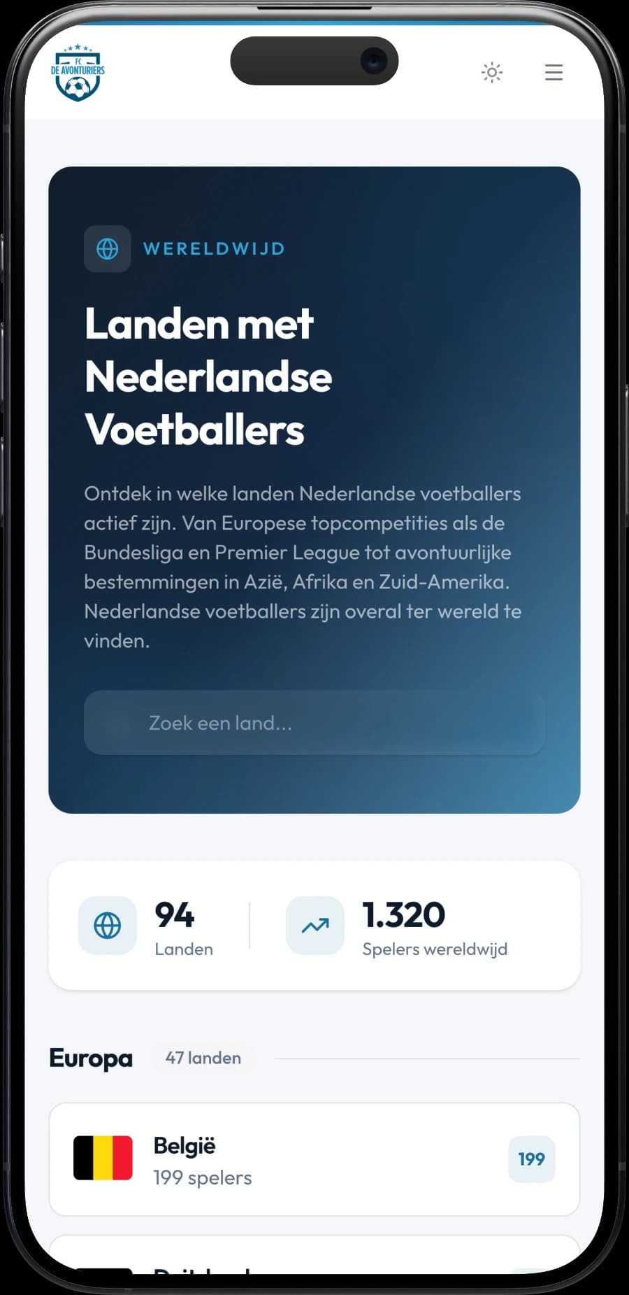 Landenoverzicht met het aantal Nederlandse spelers per land op een telefoon