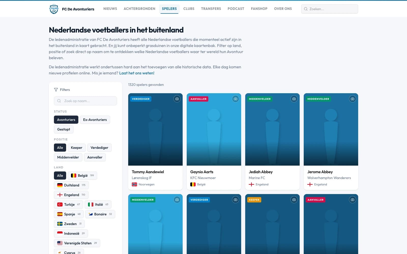 Overzicht van spelers met filters op land, positie en status